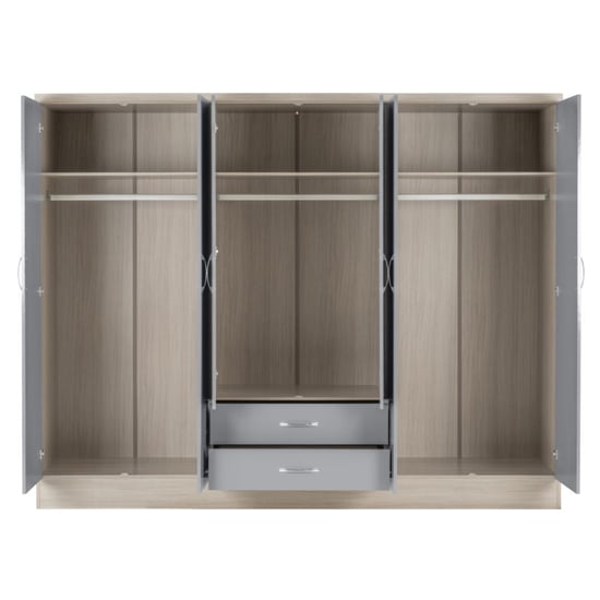 Noir Gloss 6 Door 2 Drawer Wardrobe In Grey And Light Oak_3