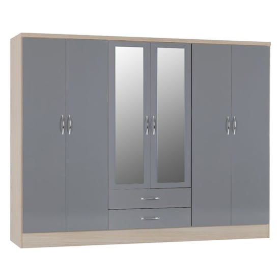 Noir Gloss 6 Door 2 Drawer Wardrobe In Grey And Light Oak