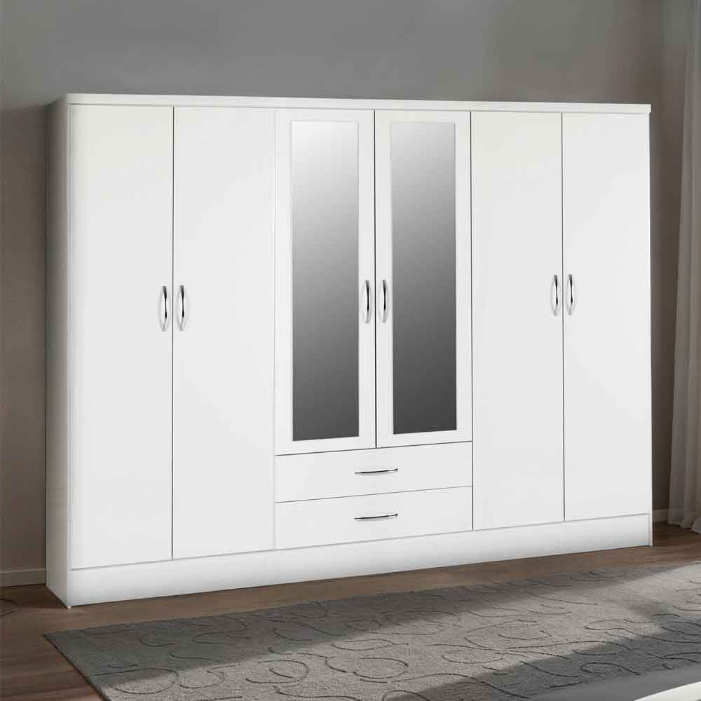 Mack Oak Wooden Wardrobe With 6 Doors White Gloss Front