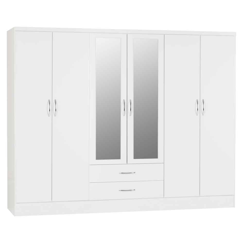 Mack Oak Wooden Wardrobe With 6 Doors White Gloss Front