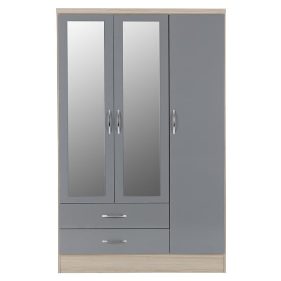Noir 3 Doors 2 Drawers Mirrored Wardrobe In Grey Gloss And Oak_2