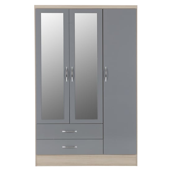 Mack Oak Wooden Wardrobe With 3 Doors Grey Gloss Front
