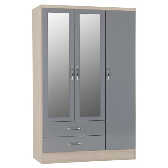 Read more about Noir 3 doors 2 drawers mirrored wardrobe in grey gloss and oak