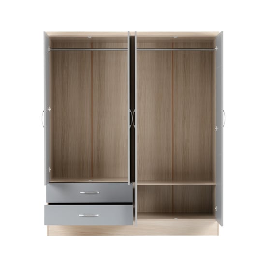 Noir 4 Doors 2 Drawers Mirrored Wardrobe In Grey Gloss And Oak_3