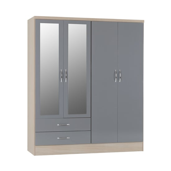 Photo of Noir 4 doors 2 drawers mirrored wardrobe in grey gloss and oak