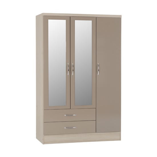 Read more about Noir 3 door 2 drawer mirrored wardrobe in oyster gloss and oak