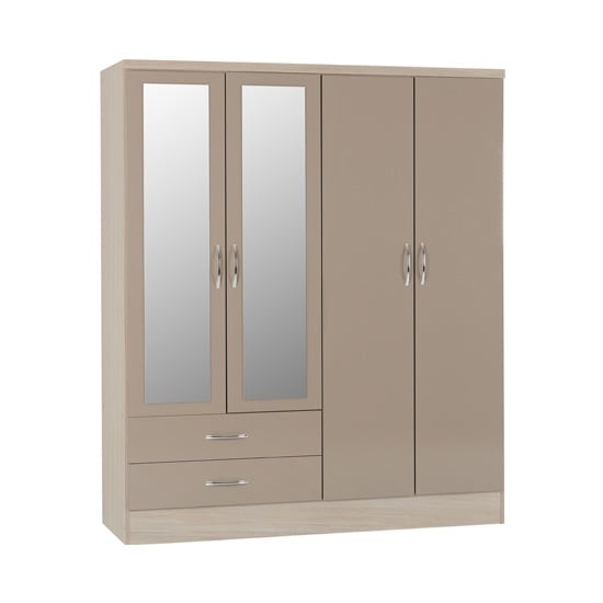 Product photograph of Noir 4 Door 2 Drawer Mirrored Wardrobe In Oyster Gloss And Oak from Furniture in Fashion