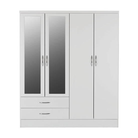 Mack Oak Wooden Wardrobe With 4 Doors 2 Drawers White Gloss Front