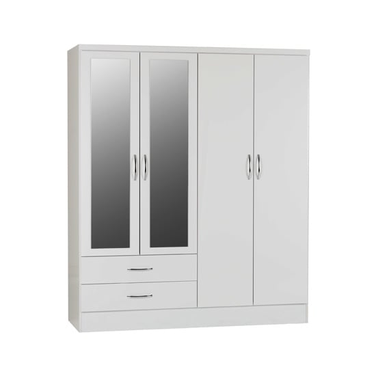 Noir Mirrored Wardrobe In White Gloss With 4 Doors 2 Drawers