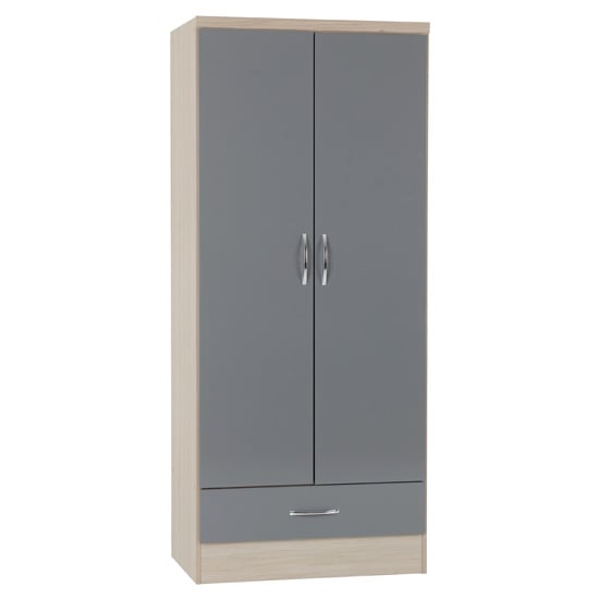 Product photograph of Noir 2 Doors 1 Drawer Wardrobe In Grey Gloss And Light Oak from Furniture in Fashion