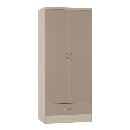 Product photograph of Noir 2 Doors 1 Drawers Wardrobe In Oyster Gloss And Light Oak from Furniture in Fashion