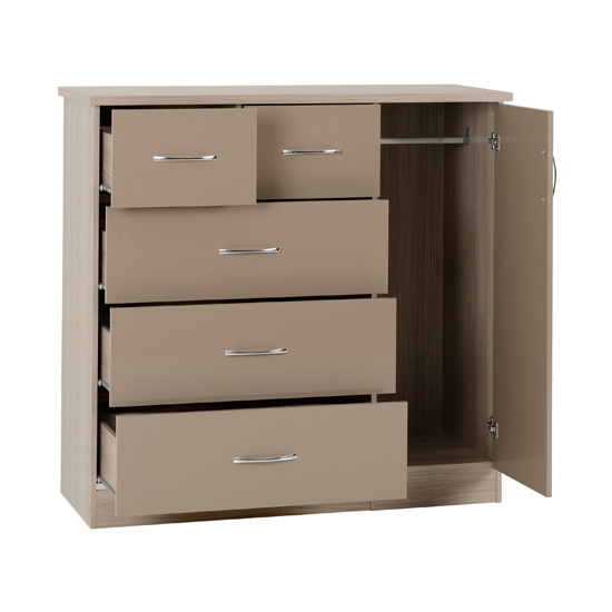 Noir 5 Drawers Sideboard In Oyster High Gloss And Light Oak_2