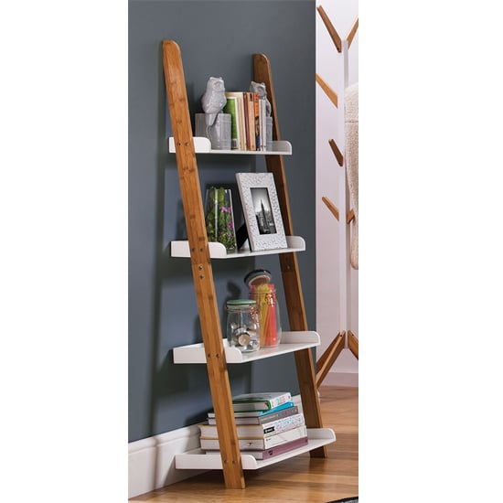 Product photograph of Nusakan Wooden 4 Tier Ladder Shelving Unit In White And Natural from Furniture in Fashion