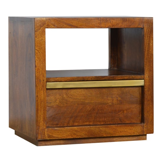 Read more about Nutty wooden bedside cabinet in chestnut with gold bar