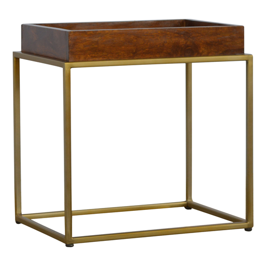 Read more about Nutty wooden butler tray side table in chestnut with gold base