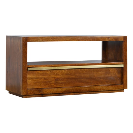 Read more about Nutty wooden tv stand in chestnut with gold bar