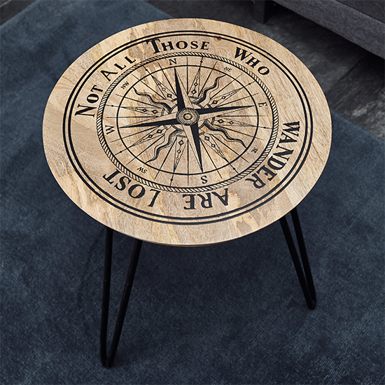 Nyala Round Wooden Side Table In Natural With Compass Motif_2