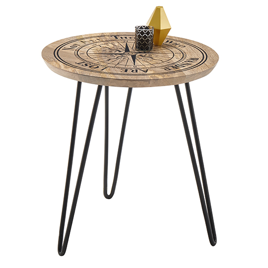 Nyala Round Wooden Side Table In Natural With Compass Motif_3
