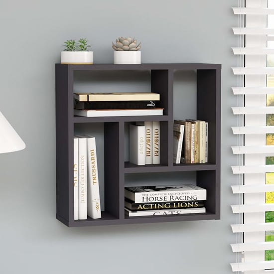 Read more about Oakley wooden wall shelf with 5 compartments in grey