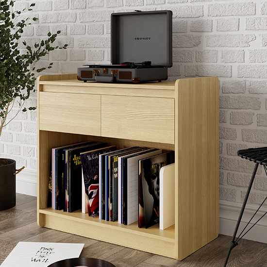 Photo of Oami wooden turntable stand with 2 drawers in oak