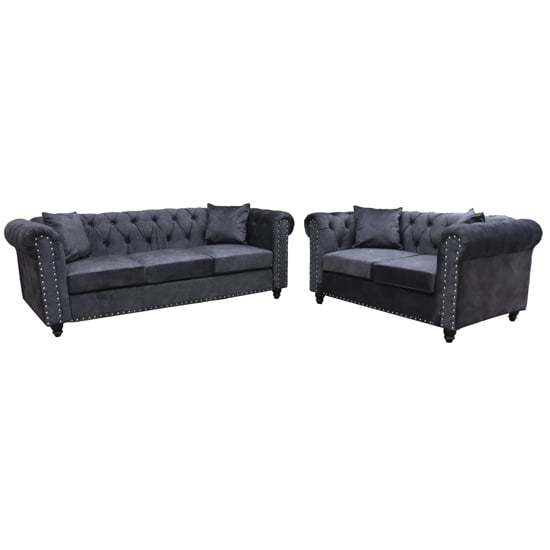 Oaxaca Plush Velvet 3+2 Seater Sofa Set In Dark Grey