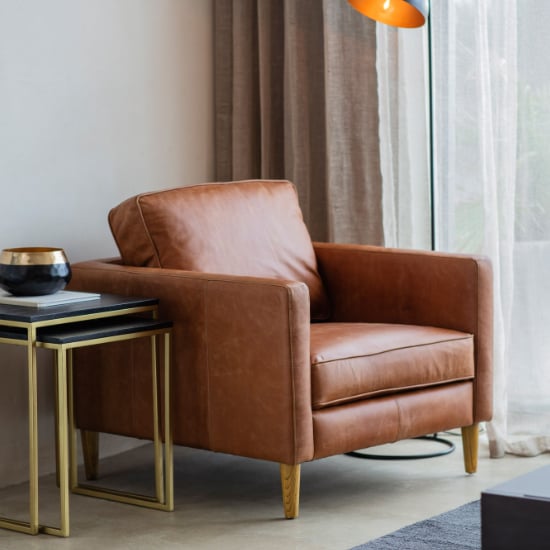 Product photograph of Obento Faux Leather Armchair In Vintage Brown from Furniture in Fashion