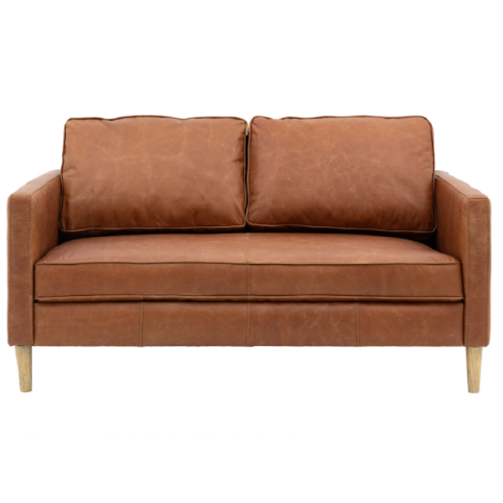 Obento Leather 2 Seater Sofa With Wooden Legs In Vintage Brown