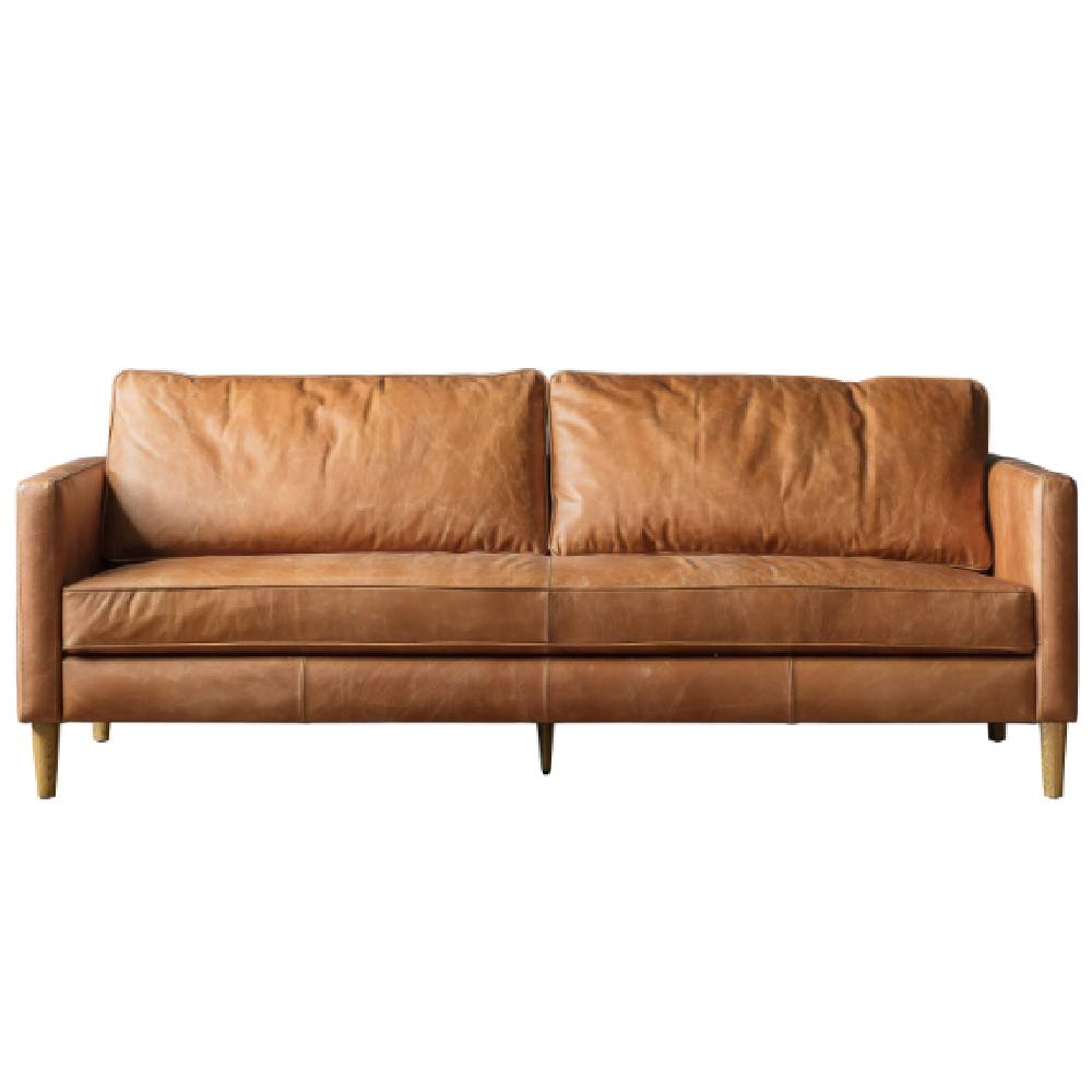 Obento Leather 3 Seater Sofa With Wooden Legs In Vintage Brown