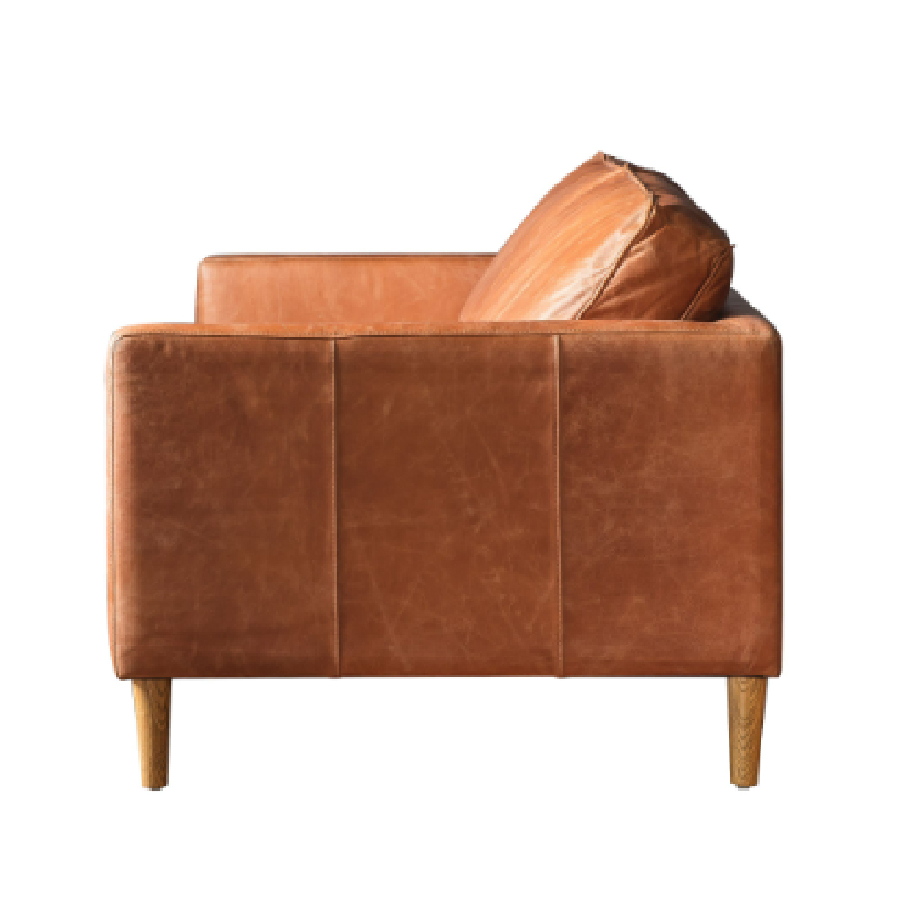 Obento Leather 3 Seater Sofa With Wooden Legs In Vintage Brown