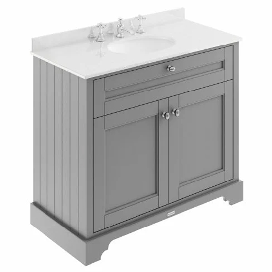 Ocala 102cm Floor Vanity With 3TH White Marble Basin In Grey