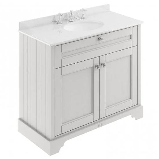 Read more about Ocala 102cm floor vanity with 3th white marble basin in sand