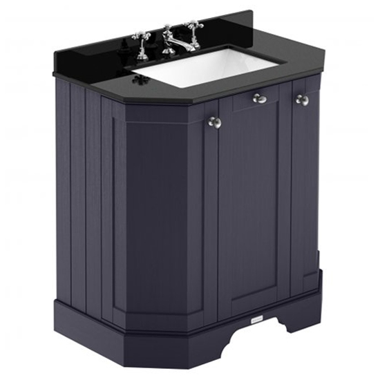 Read more about Ocala 77cm angled vanity with 3th black marble basin in blue