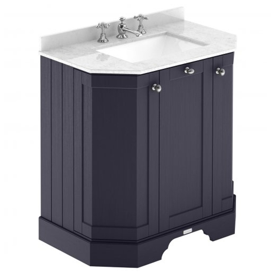 Ocala 77cm Angled Vanity With 3TH White Marble Basin In Blue