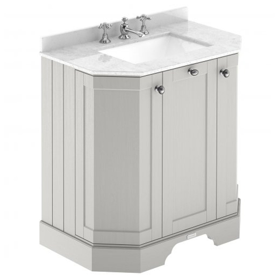 Read more about Ocala 77cm angled vanity with 3th white marble basin in sand