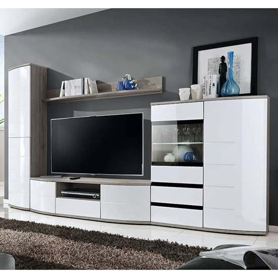 Ocala High Gloss Display Cabinet In White San Remo Oak With LED