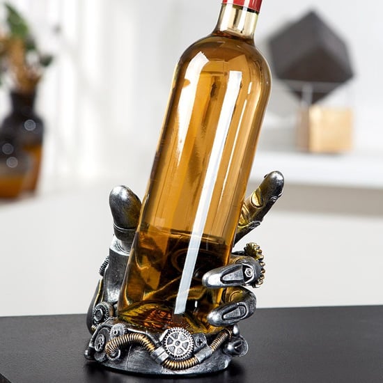 Ocala Polyresin Bottle Rack Steampunk Hand Sculpture In Silver