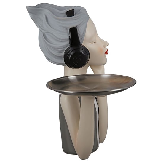 Ocala Polyresin Girl With Headphone Sculpture In Grey And Beige