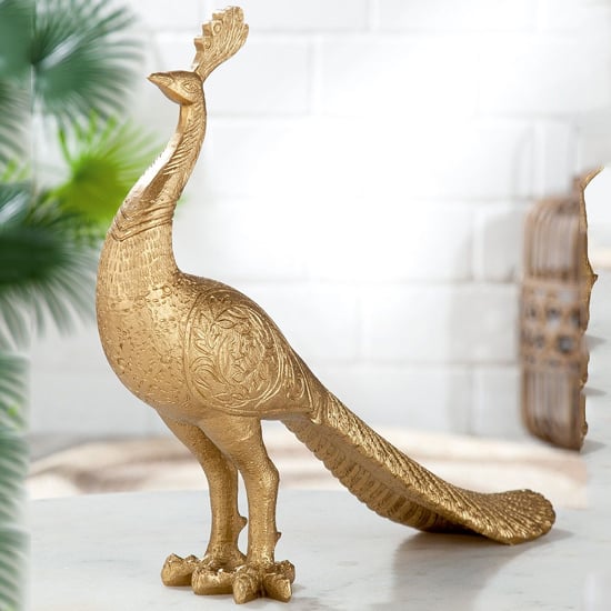 Product photograph of Ocala Polyresin Peacock Sculpture In Gold from Furniture in Fashion