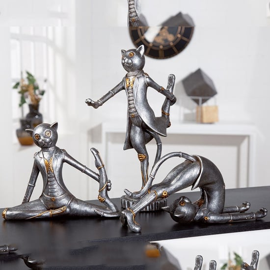 Product photograph of Ocala Polyresin Steampunk Cat Yoga Sculpture In Silver from Furniture in Fashion