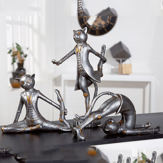 Product photograph of Ocala Polyresin Steampunk Cat Yoga Sculpture In Silver from Furniture in Fashion