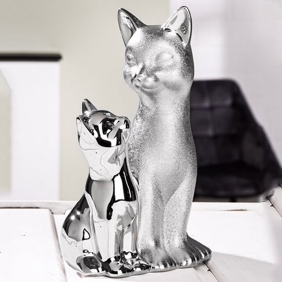 Product photograph of Ocala Polyresin Sculpture Cat 2 Sculpture In Silver from Furniture in Fashion