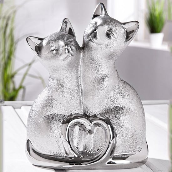 Ocala Polyresin Sculpture Couple Of Cats Sculpture In Silver