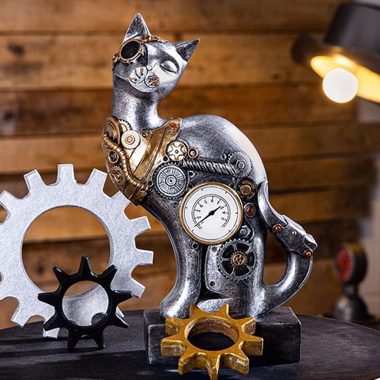 Product photograph of Ocala Polyresin Steampunk Cat Sculpture In Silver And Gold from Furniture in Fashion