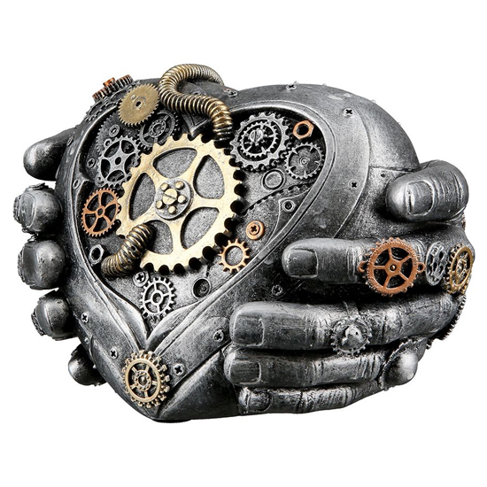 Ocala Polyresin Steampunk Heart In Hands Sculpture In Silver