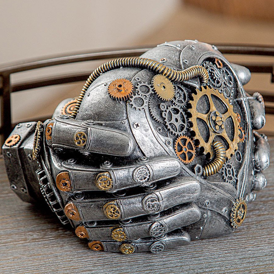 Ocala Polyresin Steampunk Heart In Hands Sculpture In Silver