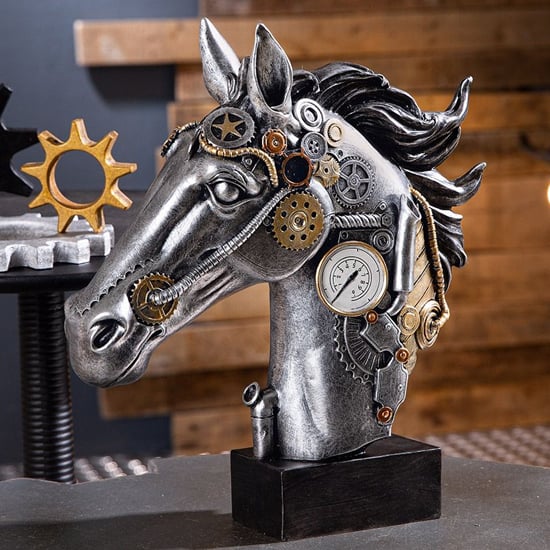 Product photograph of Ocala Polyresin Steampunk Horse Sculpture In Silver from Furniture in Fashion