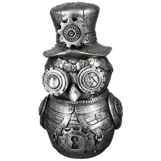Ocala Polyresin Steampunk Owl Sculpture In Silver