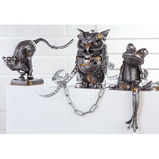 Ocala Polyresin Steampunk Owl Stand Sculpture In Silver