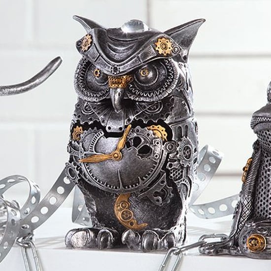Ocala Polyresin Steampunk Owl Stand Sculpture In Silver