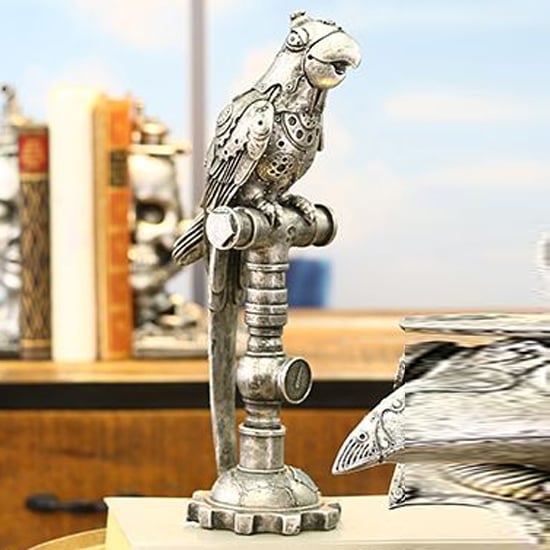 Product photograph of Ocala Polyresin Steampunk Parrot Sculpture In Silver from Furniture in Fashion